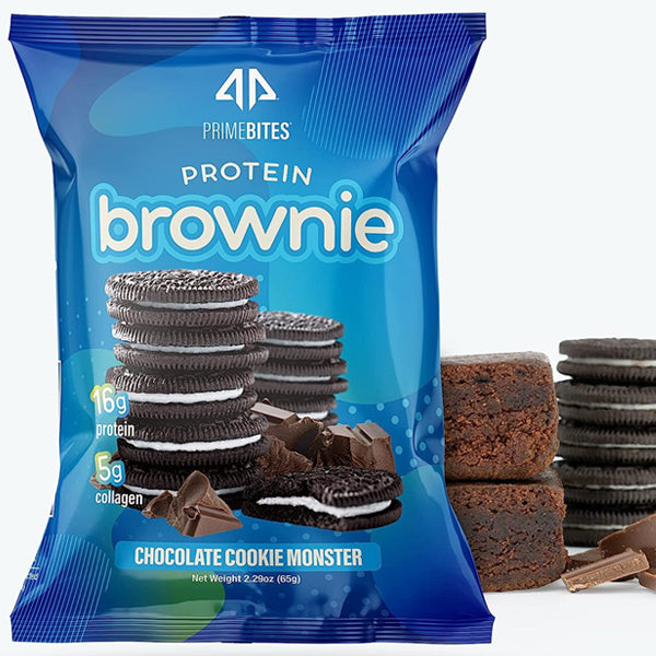 Prime Bites protein brownies in gourmet flavors, ideal for healthy snacks and weight management
