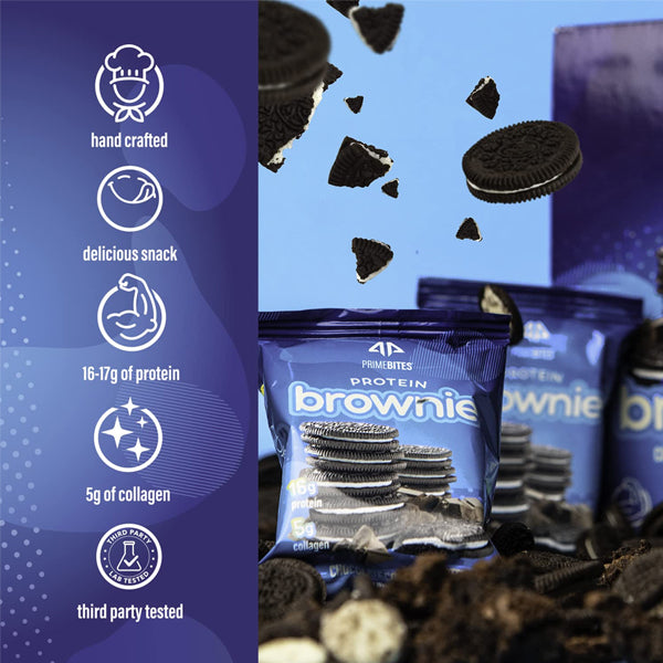 Prime Bites protein brownies in gourmet flavors, ideal for healthy snacks and weight management