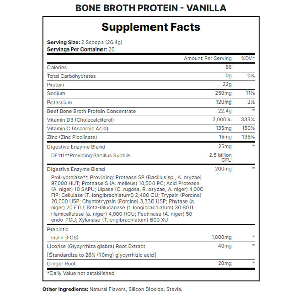 Container of bone broth protein with label highlighting joint support benefits
