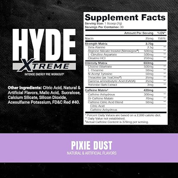 Close-up of Hyde Xtreme pre workout powder with beta alanine and creatine for energy and focus