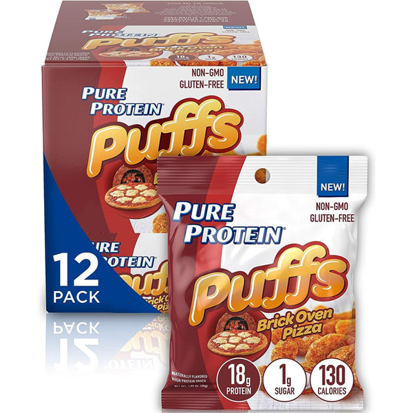 Protein Crunch Puffs in Brick Oven Pizza flavor, perfect for healthy snacking.