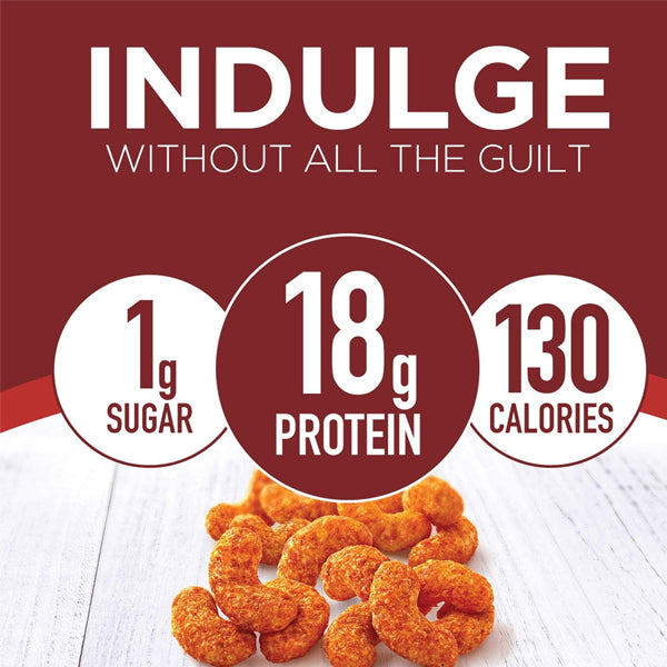 A hand holding Protein Crunch Puffs bag, highlighting its gluten-free label.