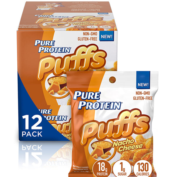 Protein Crunch Puffs in Nacho Cheese flavor, showcasing the crunchy texture.