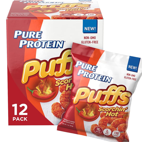 A hand holding Protein Crunch Puffs bag, highlighting its gluten-free label.