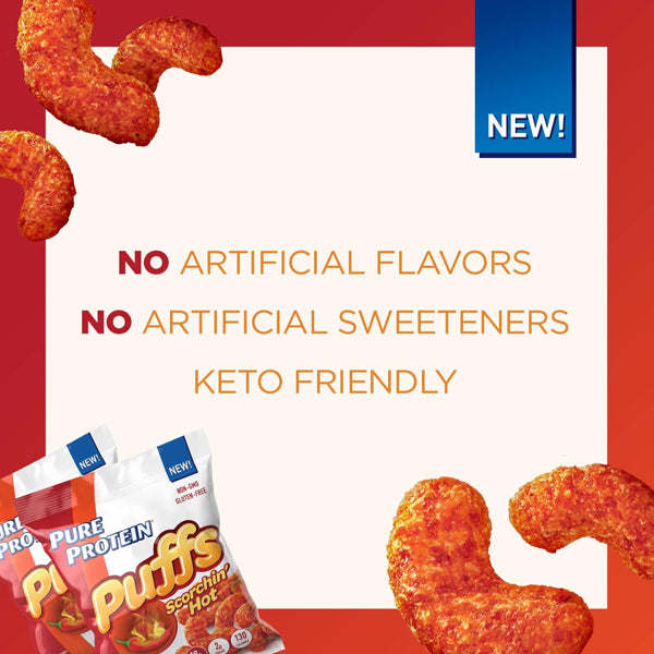 A hand holding Protein Crunch Puffs bag, highlighting its gluten-free label.