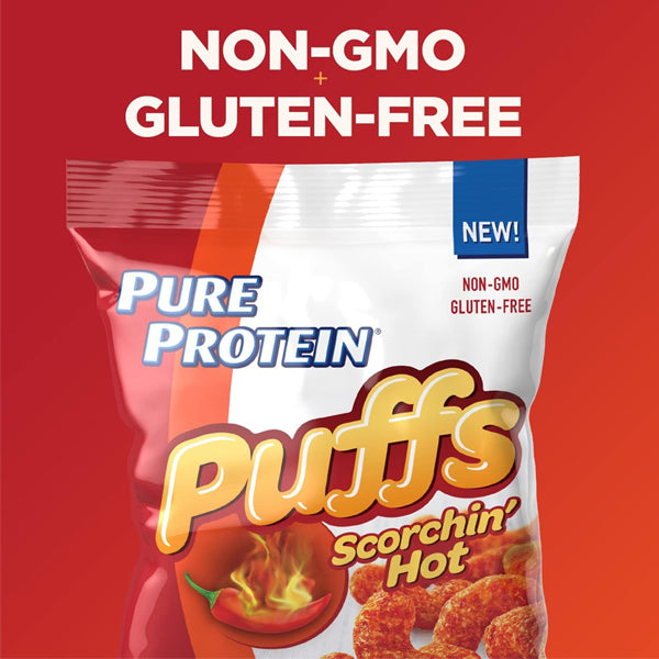 Protein Crunch Puffs in Nacho Cheese flavor, showcasing the crunchy texture.