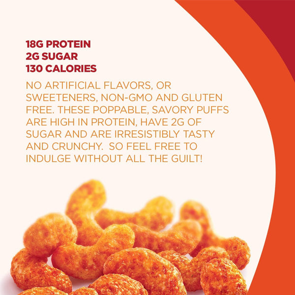 Protein Crunch Puffs in Brick Oven Pizza flavor, perfect for healthy snacking.