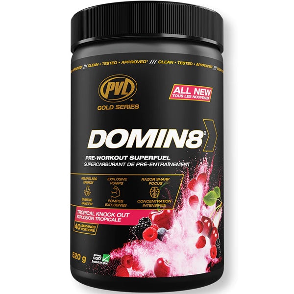 Close-up of Domin8 Elite pre-workout powder showcasing its vibrant color and texture.