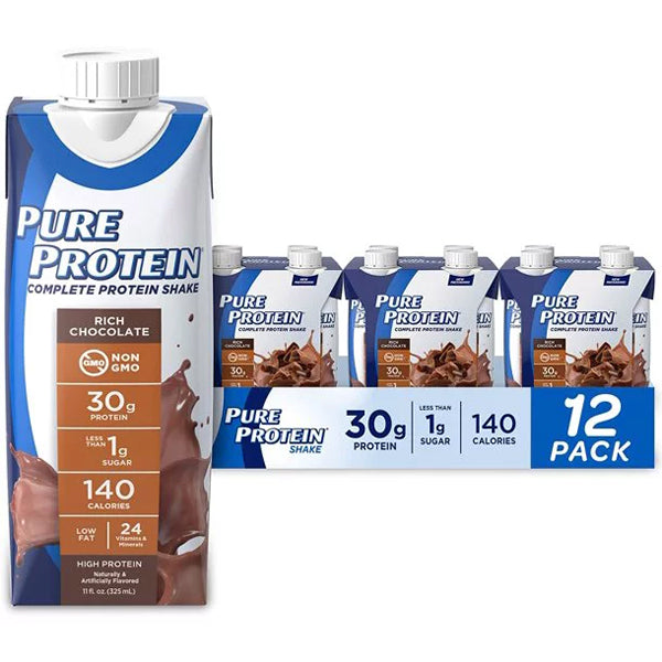 Pure Protein Complete Shake on a gym bench, highlighting its role as a meal replacement for fitness enthusiasts.