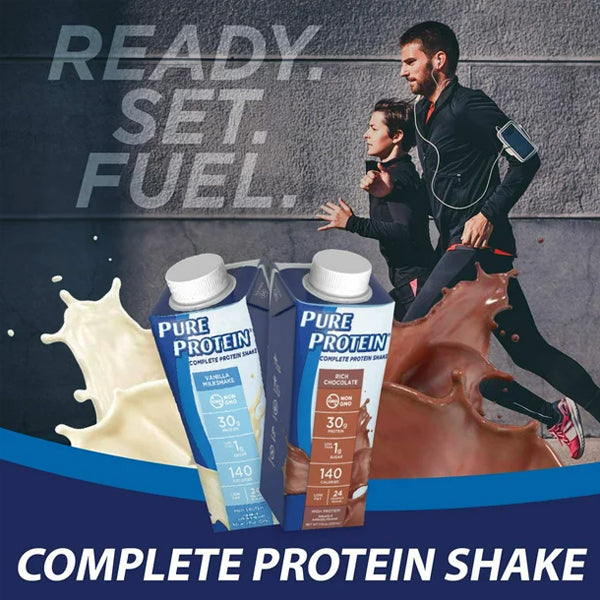 Close-up of Pure Protein Complete Shake, showcasing its creamy texture and rich flavor, ideal for post-workout nutrition.