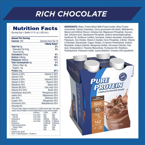 Close-up of Pure Protein Complete Shake, showcasing its creamy texture and rich flavor, ideal for post-workout nutrition.