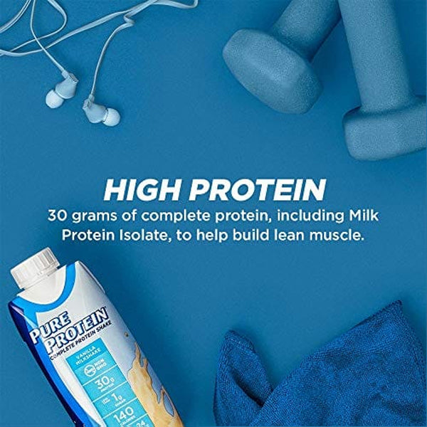 A refreshing Pure Protein Complete Shake surrounded by workout gear, emphasizing its use as a nutritional shake for active lifestyles.