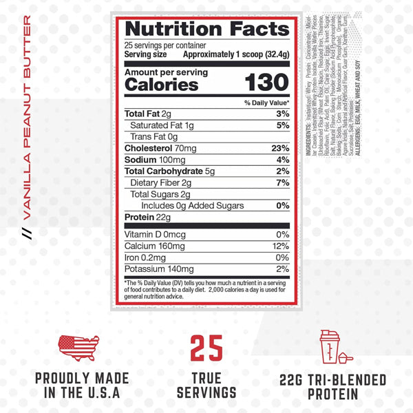 Container of high-quality whey protein and casein blend, supporting muscle recovery