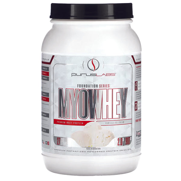 Container of whey protein powder with label for muscle growth