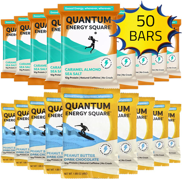 Energize Natural Protein Squares variety pack showcasing different flavors and textures.