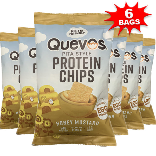 Front view of Quevos Pita Style Protein Chips packaging showing keto-friendly label