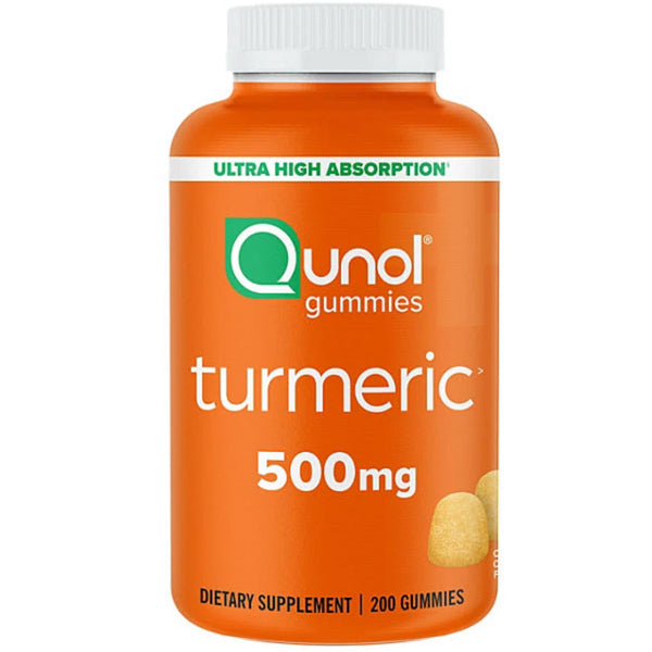 Vegan turmeric curcumin gummies in a clear container, showcasing their vibrant orange color, ideal for joint health.