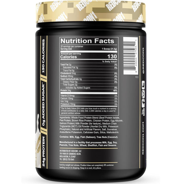 A scoop of MRE Lite protein powder next to a glass filled with a rich milkshake.
