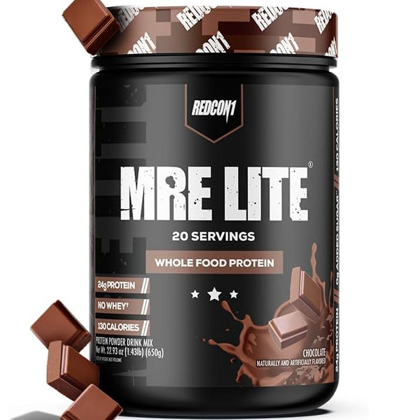 Redcon1 MRE Lite Whole Food Protein Powder in a shaker, showcasing its creamy texture.