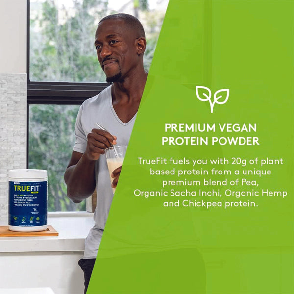 Vegan protein powder mixed into a smoothie for meal replacement