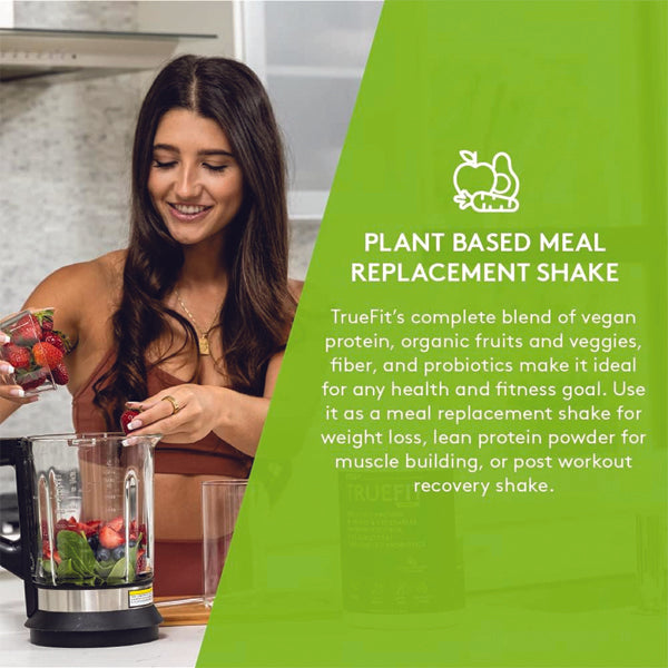 Close-up of vegan plant protein powder scoop with fresh fruits