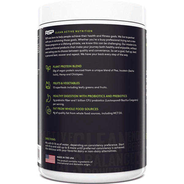 Close-up of vegan plant protein powder scoop with fresh fruits
