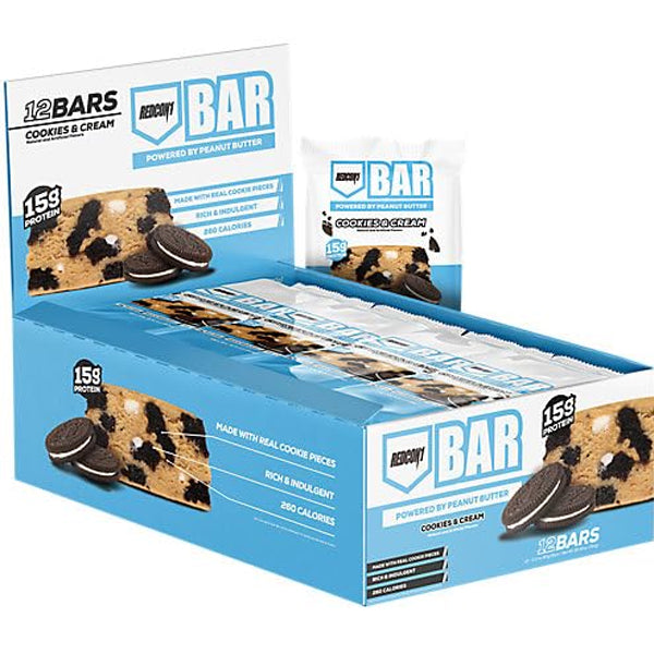 Redcon1 PowerBoost protein bar showcasing peanut butter and cookie pieces for energy on the go