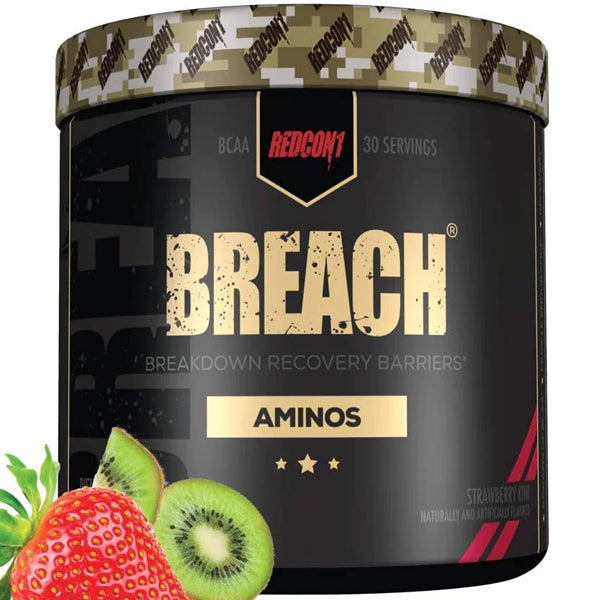 Redcon1 Breach BCAAs container showing 30 servings for muscle recovery.