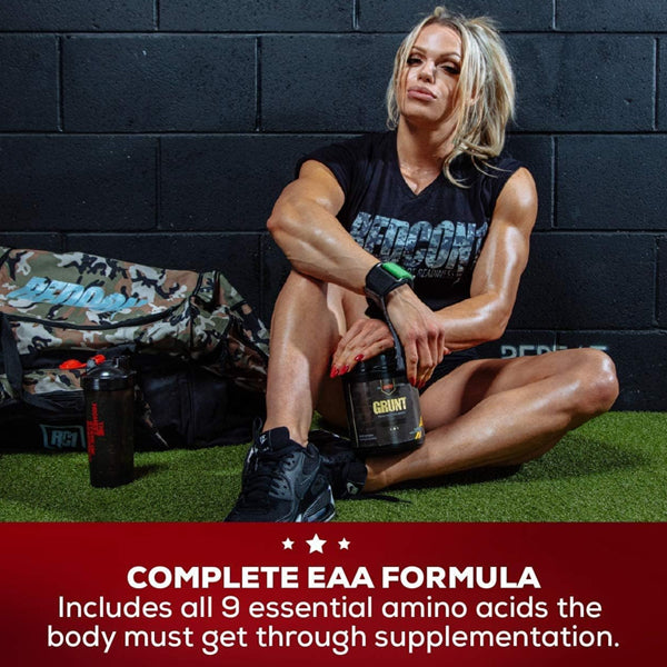 Athlete mixing Redcon1 Grunt EAAs in water after workout for muscle recovery