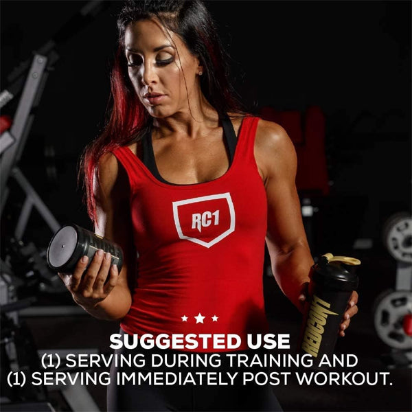 Fitness enthusiast taking essential amino acids supplement for muscle repair