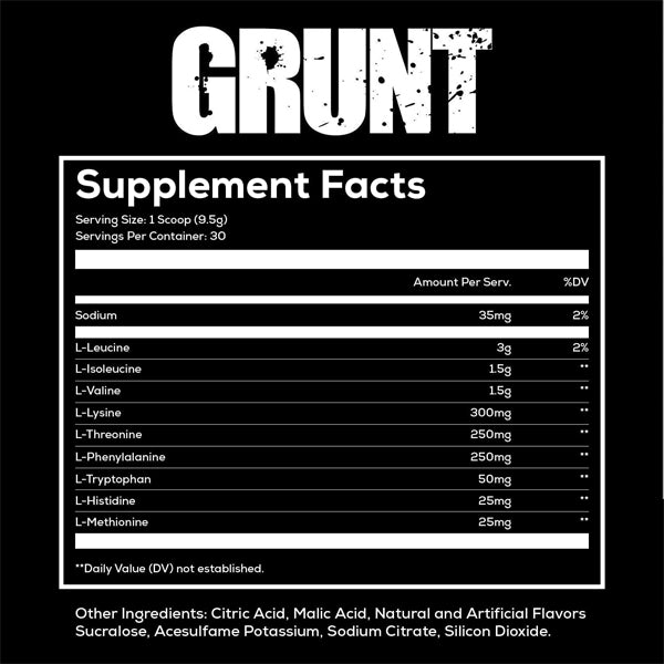 Close-up of Redcon1 Grunt EAAs bottle showing amino acids for muscle growth