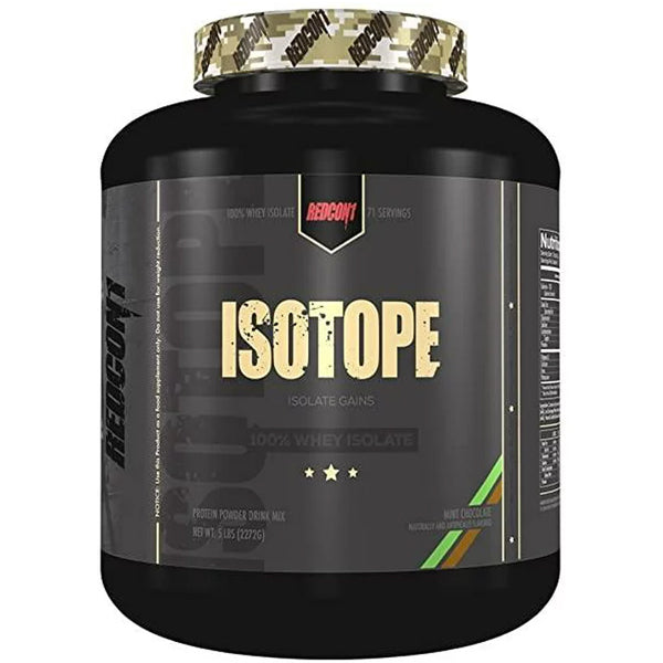 Front view of Redcon1 Isotope whey isolate tub – 5lb size, ideal for muscle recovery