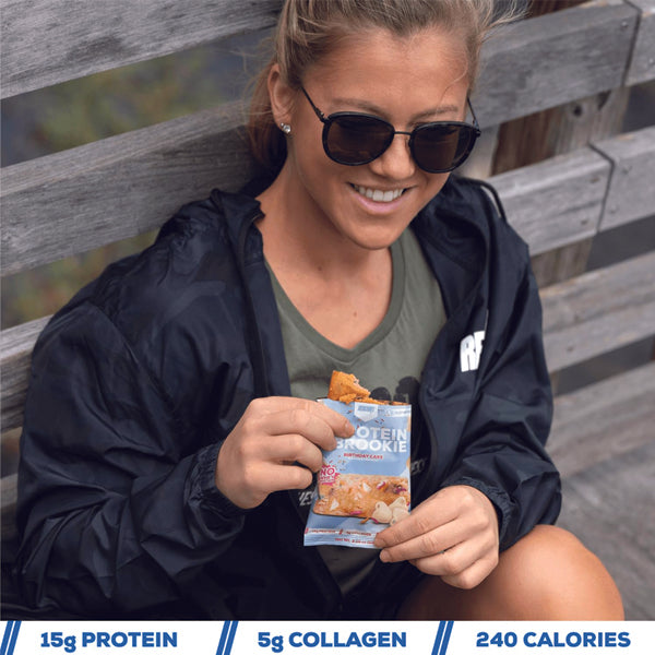 Close-up of MRE Protein Brookies showcasing the soft, chewy texture - perfect for a high protein snack.