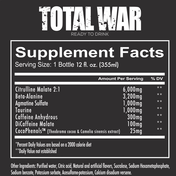 Angled front view of Redcon1 Total War RTD bottle highlighting caffeine content