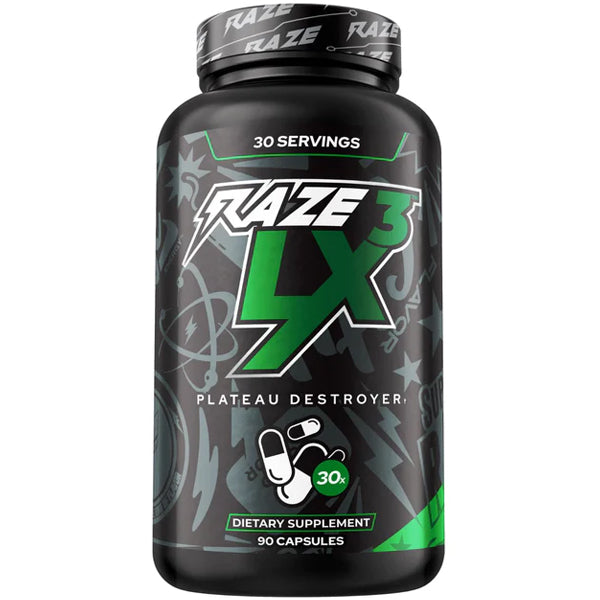 Raze LX3 Performance Booster Capsules on a gym bench, showcasing its strength-enhancing benefits.