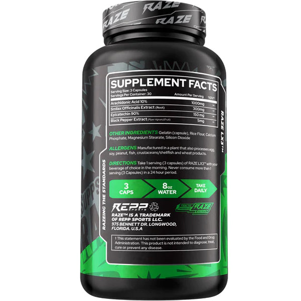 Close-up of Raze LX3 capsules with weights in the background, emphasizing muscle building.