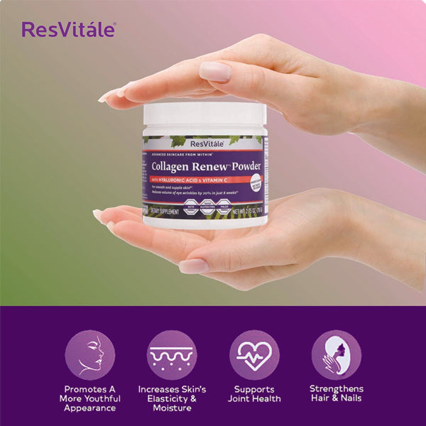 Collagen supplement mixed into smoothie with fruits for skin hydration
