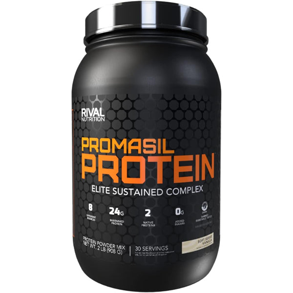 Close-up of Rival Nutrition Promasil Elite Protein powder scoop, showcasing the protein blend for muscle gain