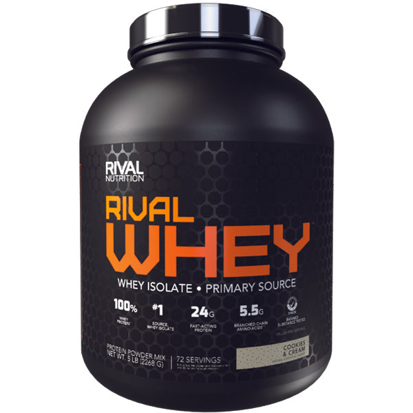 Rival Nutrition Premium Whey Isolate Protein in a gym setting, showcasing its muscle-building benefits.