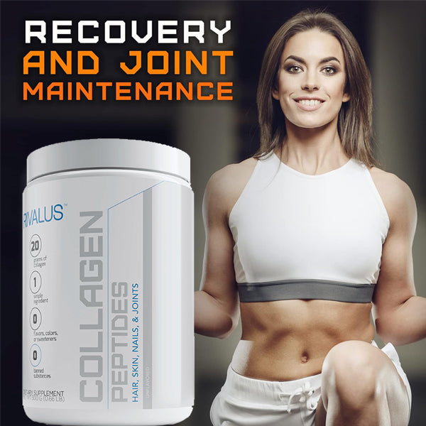 Packaging of Rival Nutrition collagen powder for hair growth and nail strength, grass-fed source label visible