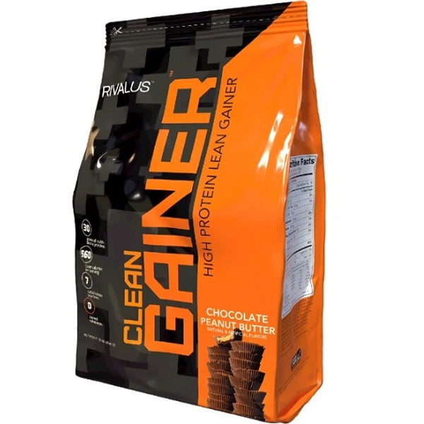 Close-up of Rival Nutrition Elite Mass Gainer packaging highlighting its clean nutrition ingredients and benefits.