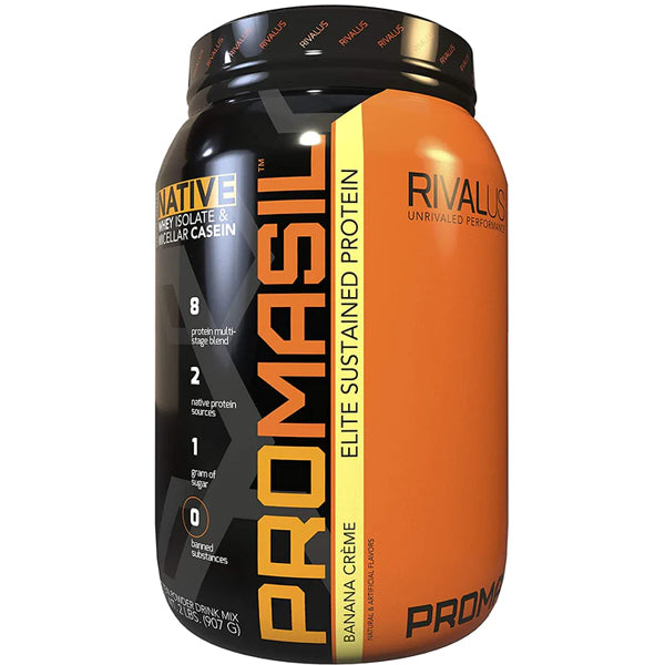 Container of Rival Nutrition Promasil Elite Protein with label detail emphasizing fast and slow digesting protein sources