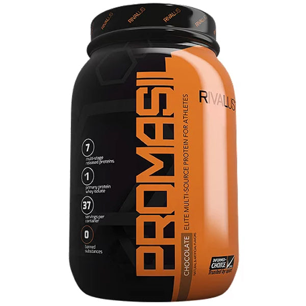 Close-up of Rival Nutrition Promasil Elite Protein powder scoop, showcasing the protein blend for muscle gain