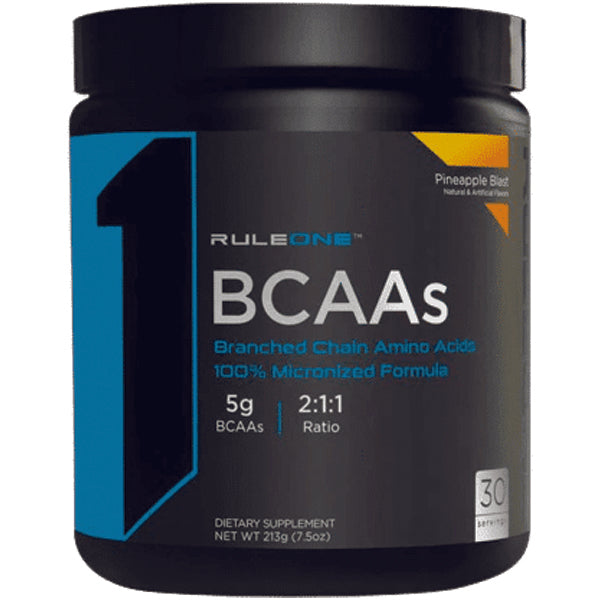 Rule1 BCAA powder container with label showing 30 servings for muscle recovery