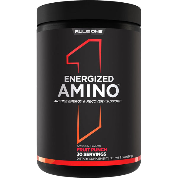 Rule1 R1 Energized Amino supplement container showing amino acids and energy ingredients