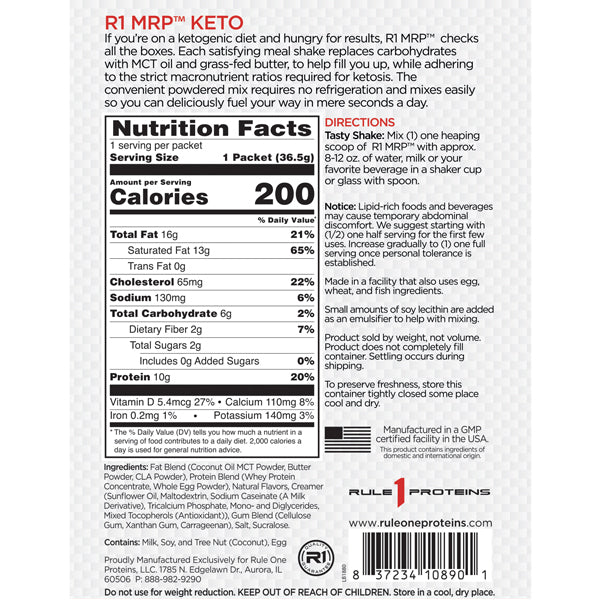 Keto Fuel Pro meal replacement singles on a kitchen counter, ideal for a quick and nutritious meal.