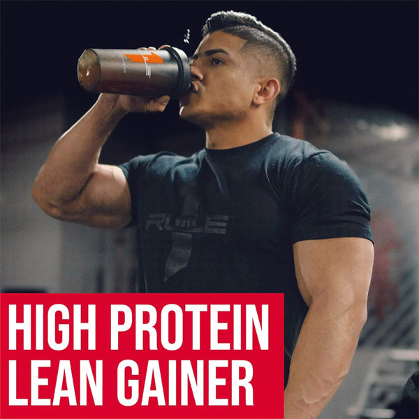 Container of Rule1 high-calorie weight gainer supplement with nutritional info