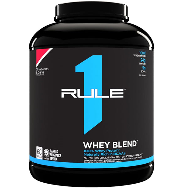 Rule1 R1 Whey Protein Blend container showing nutritional info and ingredients