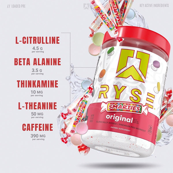 A scoop of Ryse Power Pre-Workout next to a shaker bottle, demonstrating ease of use.