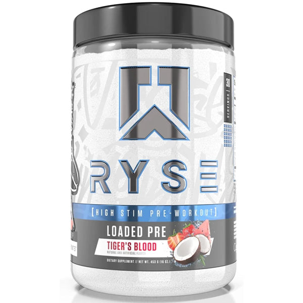 Close-up of Ryse Power Pre-Workout showing the label that highlights its no crash formula.